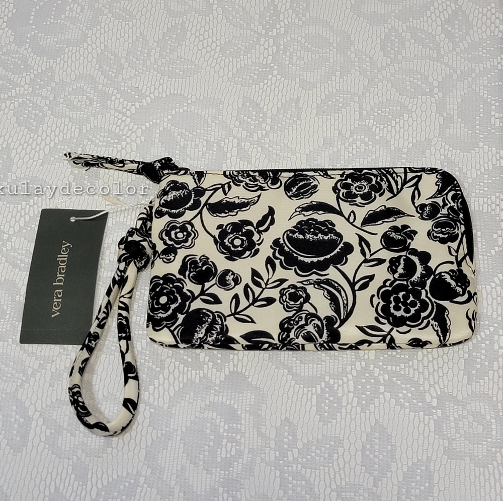 Vera Bradley Wristlet Wallet NEW Black White Floral Nylon Zip Pouch